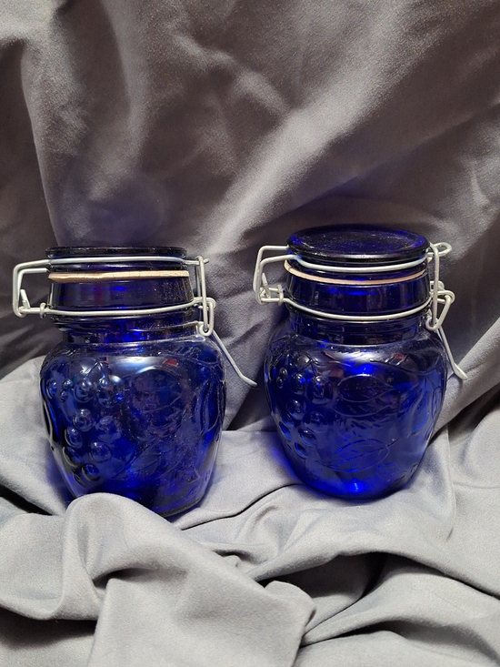 Other - Vintage Cobalt Blue Glass Fruit Embossed Jars - Set of 2 - Wire Bale Lid